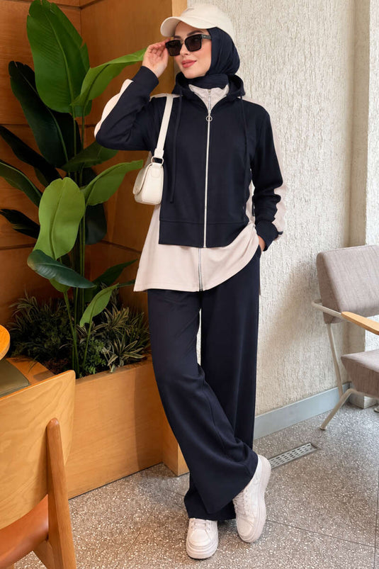 Ensemble Deux Pièces À Capuche En Tricot Marine