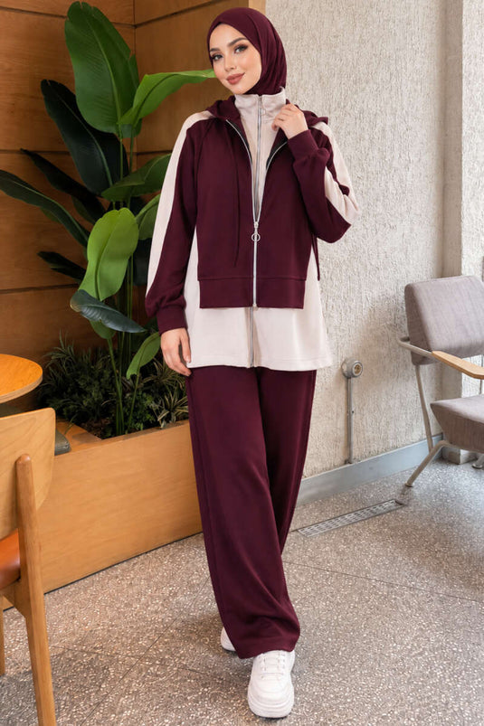 Paars Gebreid Hoodie Met Wijde Pijpen Twee-Delig Set