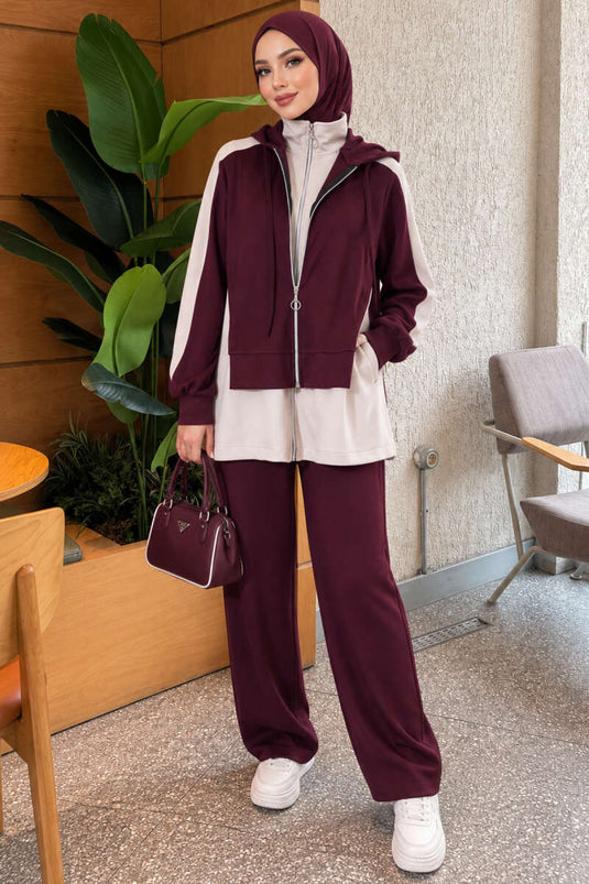 Paars Gebreid Hoodie Met Wijde Pijpen Twee-Delig Set