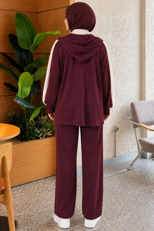 Paars Gebreid Hoodie Met Wijde Pijpen Twee-Delig Set