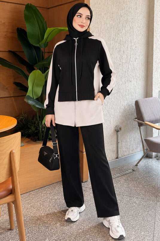 Schwarzes Strick-Hoodie Mit Weitem Bein Zweiteiliger Set