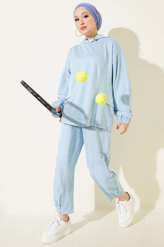 Ensemble De Pantalon Avec Hoodie En Maille Et Châle Bleu