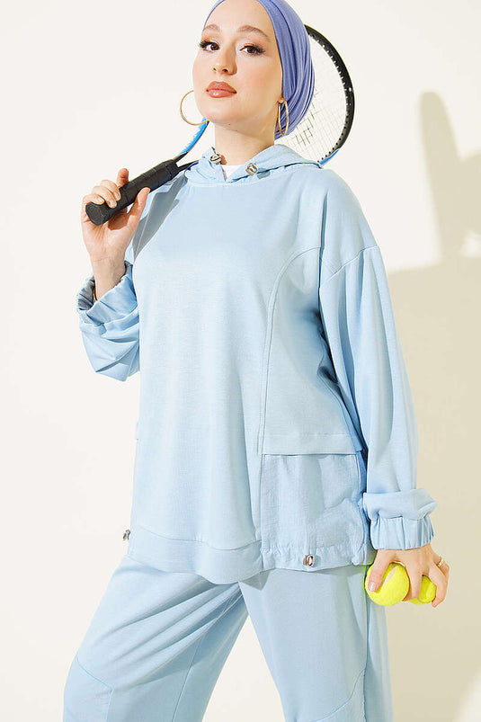Ensemble De Pantalon Avec Hoodie En Maille Et Châle Bleu