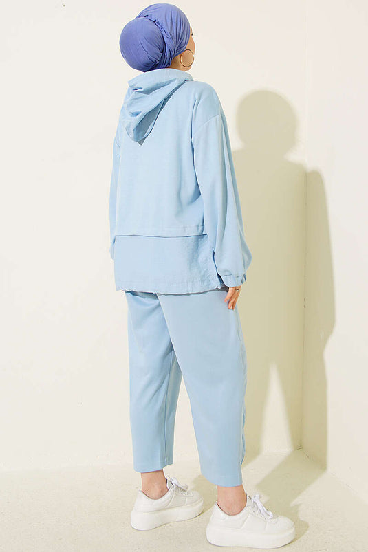 Ensemble De Pantalon Avec Hoodie En Maille Et Châle Bleu