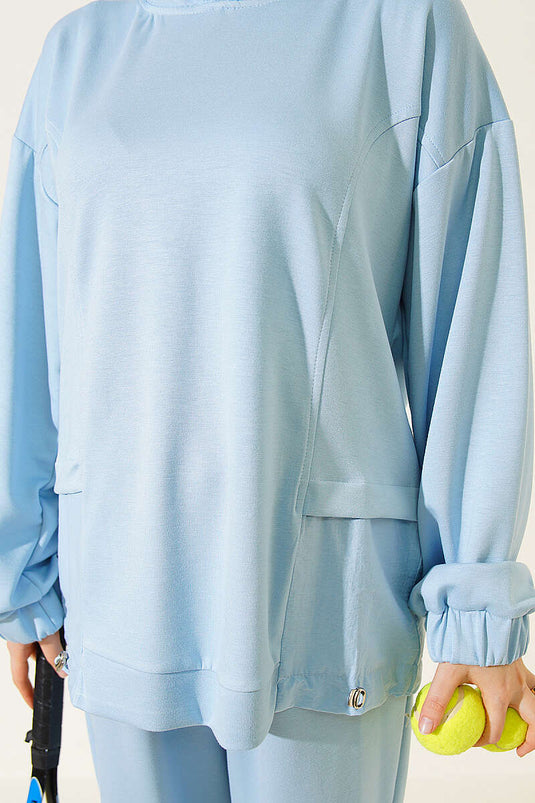 Ensemble De Pantalon Avec Hoodie En Maille Et Châle Bleu