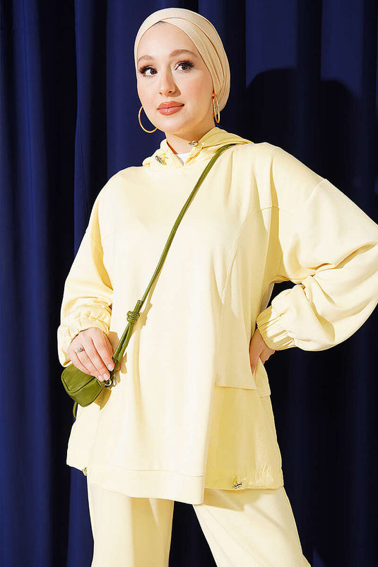 Knitted Hooded Salwar Two-Piece Set Yellow