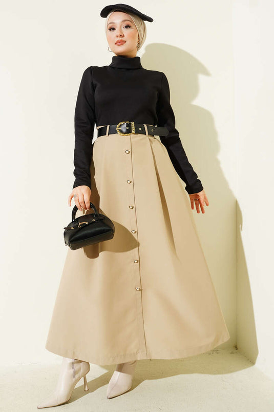 Beige Dress with Garnished Belt Detail