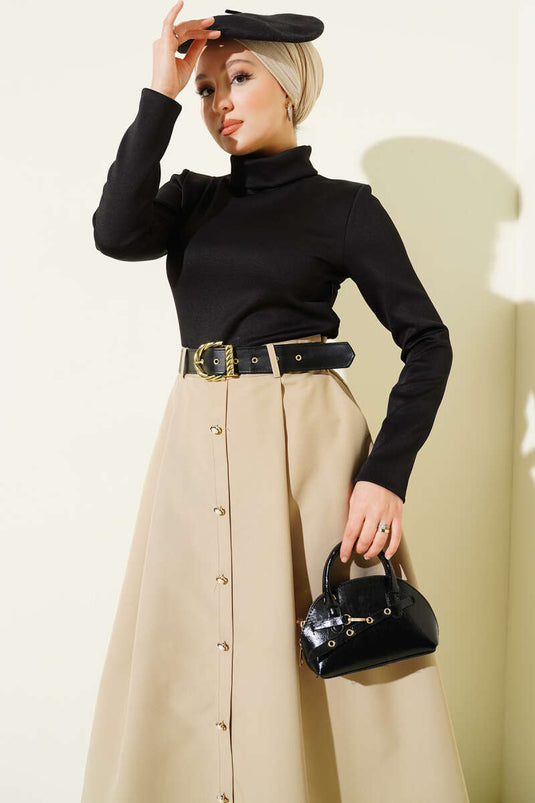 Beige Dress with Garnished Belt Detail