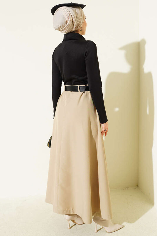 Beige Dress with Garnished Belt Detail