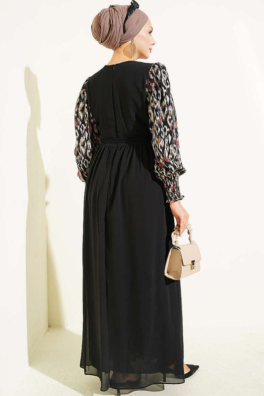 Bordeaux Muster Chiffon Kleid Mit Bestickten Ärmeln