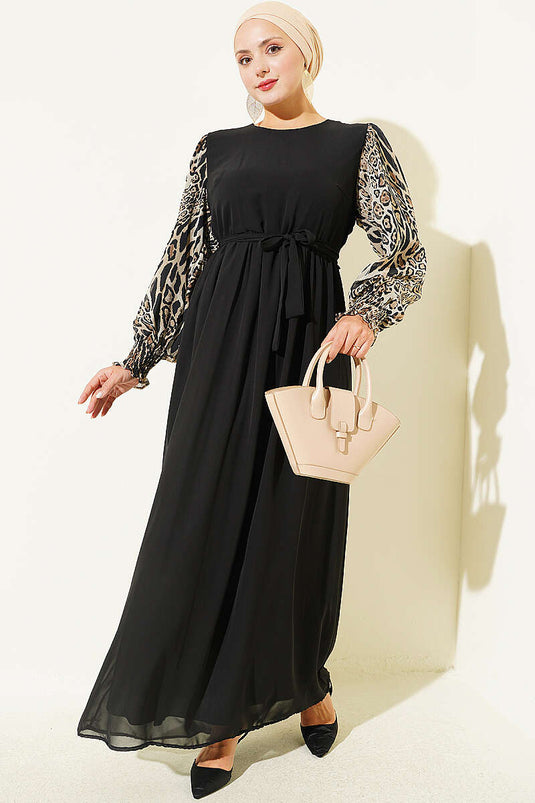 Leopard Muster Chiffon Kleid Mit Gestrickten Ärmeln