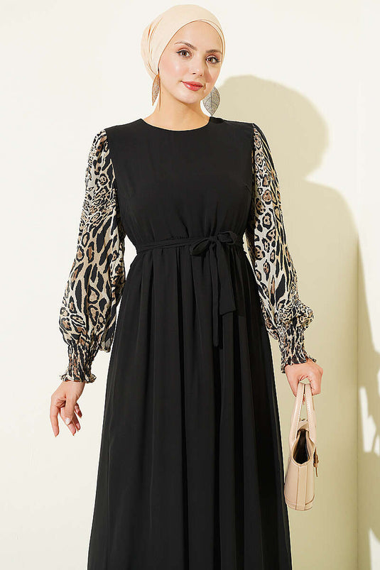 Leopard Muster Chiffon Kleid Mit Gestrickten Ärmeln