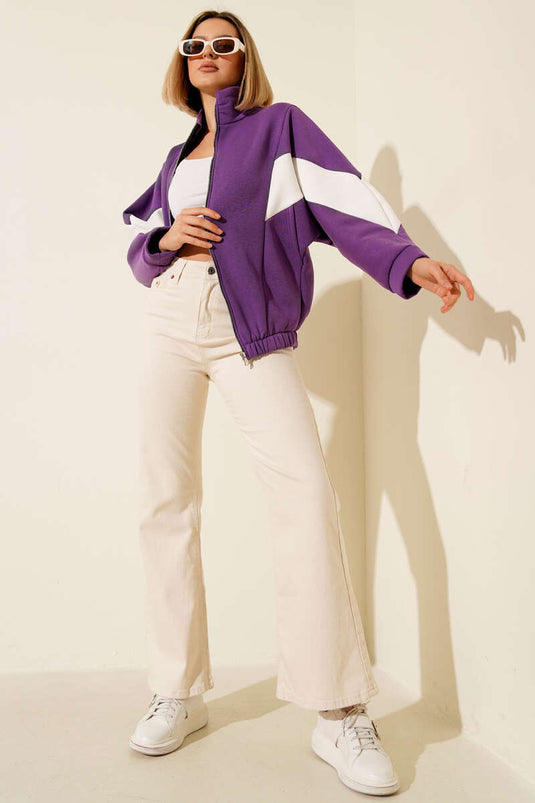 Garnili Üç İplik Salaş Kısa Hırka Mor