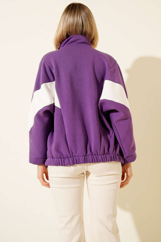 Garnili Üç İplik Salaş Kısa Hırka Mor