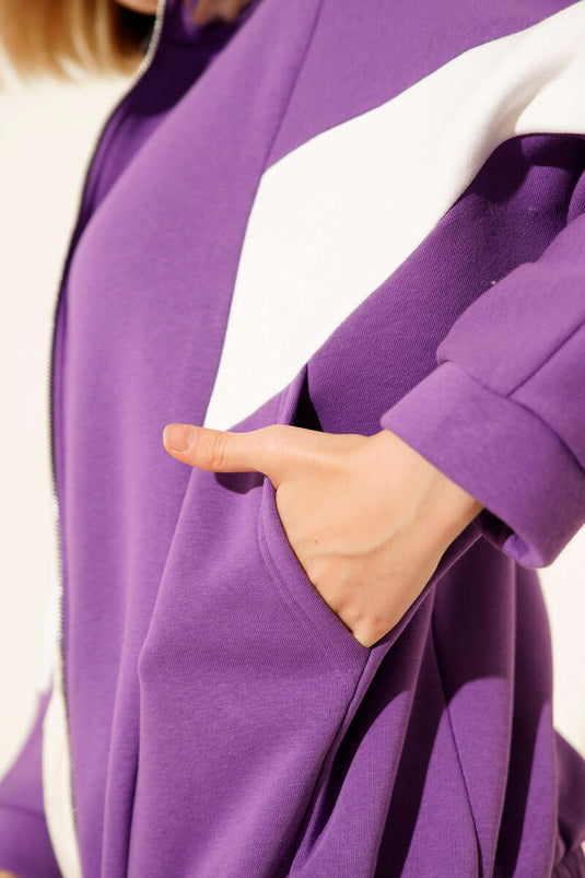 Garnili Üç İplik Salaş Kısa Hırka Mor