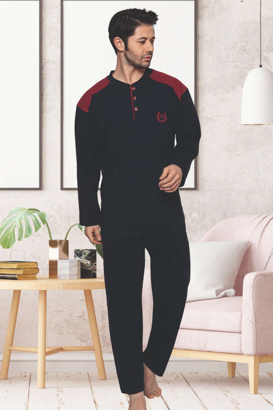 Pigiama a maniche lunghe decorato, taglie forti, blu navy e bordeaux