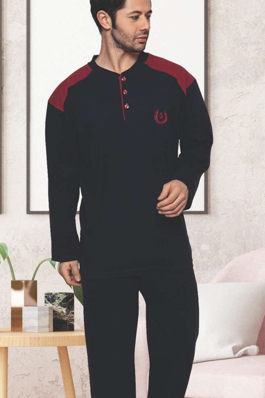 Pigiama a maniche lunghe decorato, taglie forti, blu navy e bordeaux