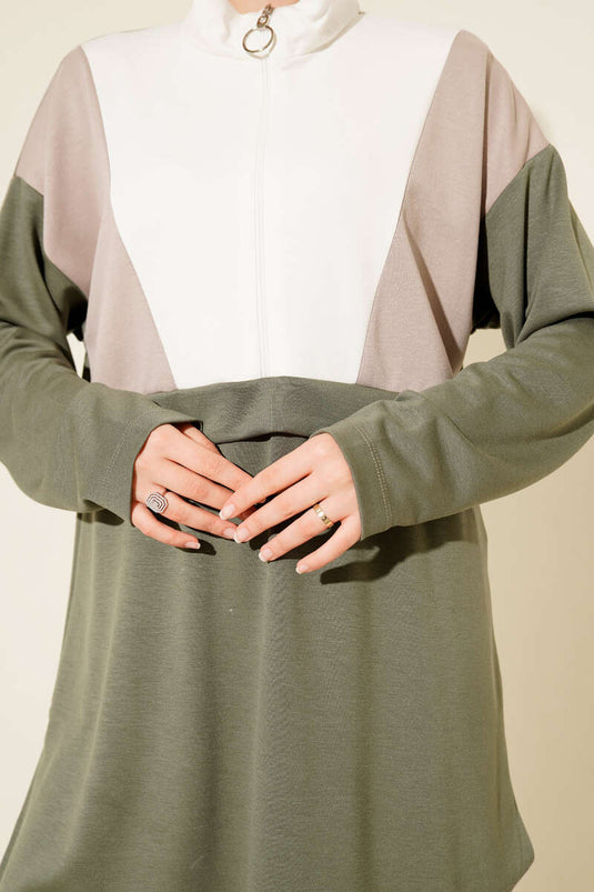 Two-Piece Set with Trim and Half-Zip Detail, Light Green