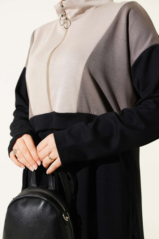 Two-Piece Set with Trim and Half-Zip Detail, Black