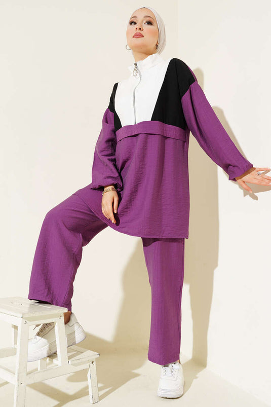 Zweiteiliges Set mit dekorativem Halbreißverschluss, Magenta.