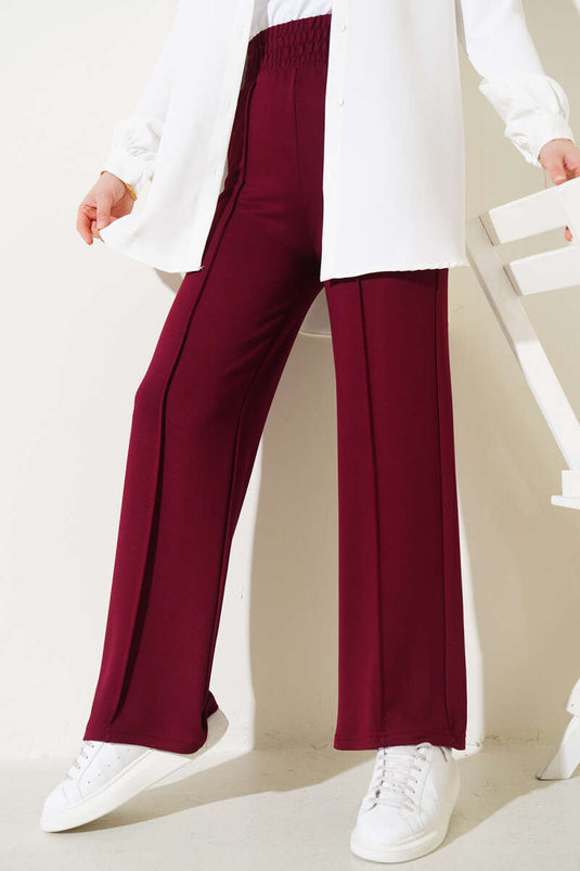 Wide Waistband Elasticated Trousers with Zipper Burgundy