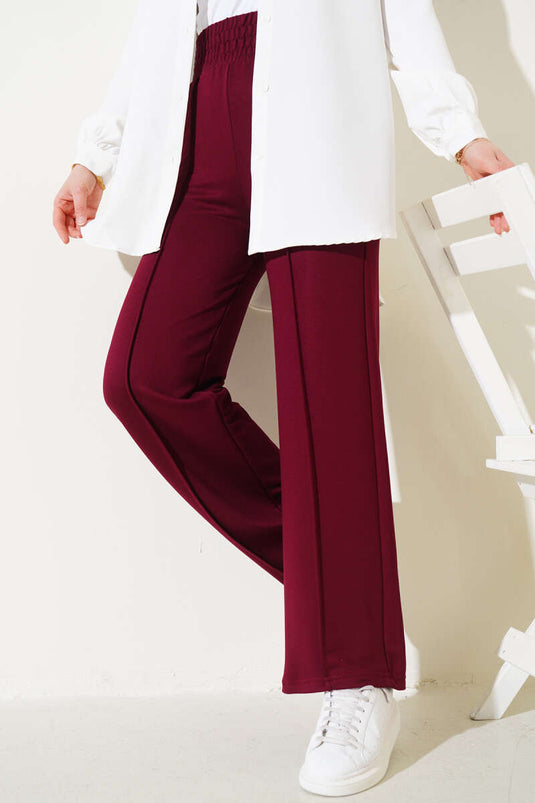 Wide Waistband Elasticated Trousers with Zipper Burgundy