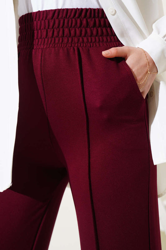 Wide Waistband Elasticated Trousers with Zipper Burgundy