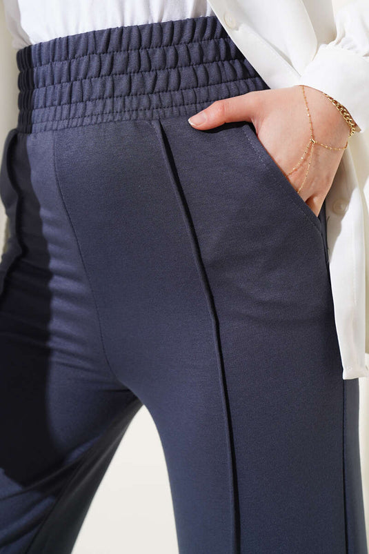 Wide Waistband Elasticated Trousers with Pockets in Charcoal