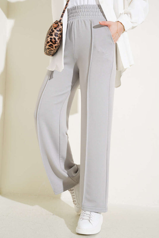 Geniş Bel Lastikli Çımalı Pantolon Gri