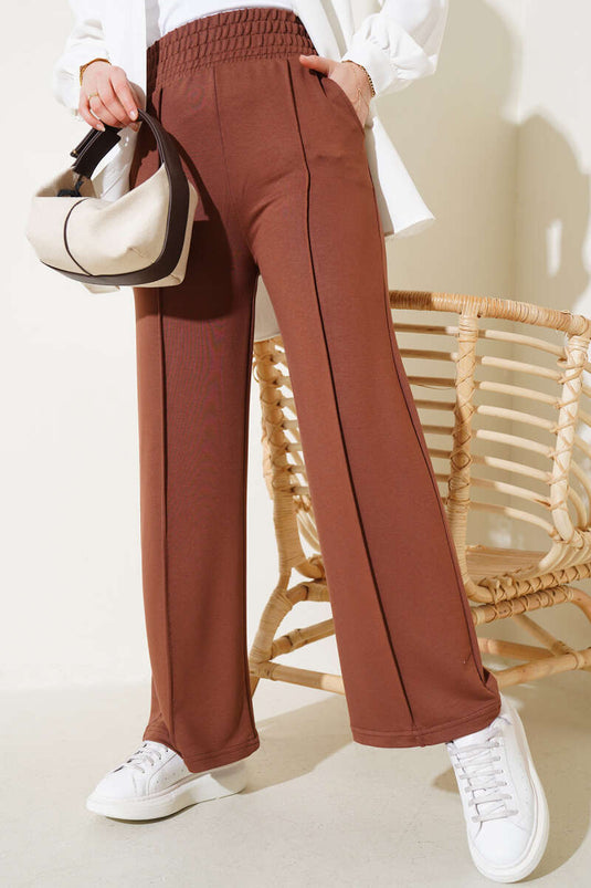 Wide Waistband Elasticated Trousers with Zipper Chestnut