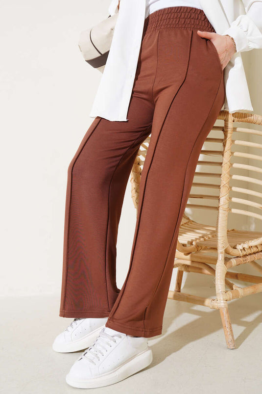 Wide Waistband Elasticated Trousers with Zipper Chestnut