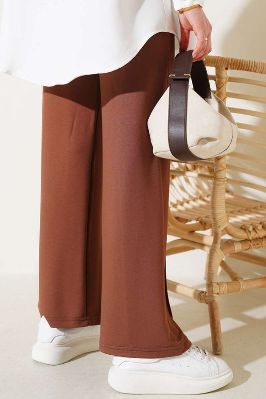 Wide Waistband Elasticated Trousers with Zipper Chestnut