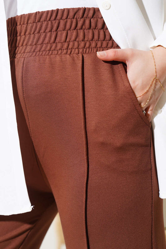 Wide Waistband Elasticated Trousers with Zipper Chestnut