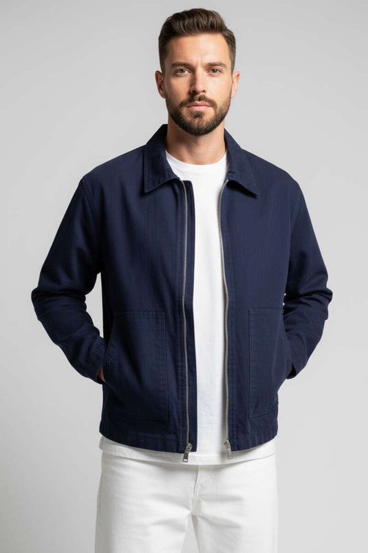 Veste zippée pour homme avec grandes poches, bleu marine