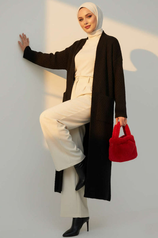 Cardigan long en maille avec grandes poches, noir