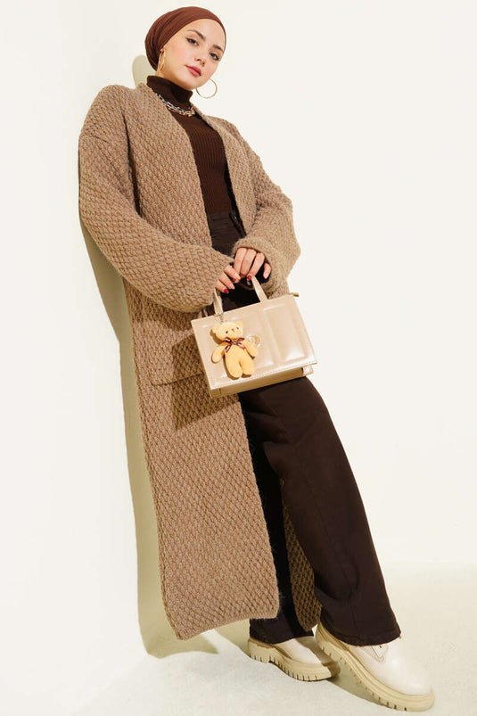 Geniş Cepli Uzun Triko Hırka Vizon