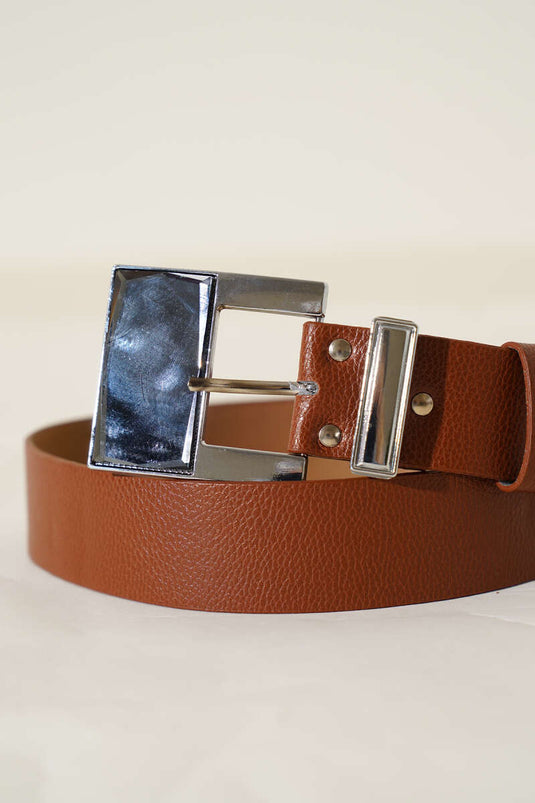 Ceinture large carrée à boucle couleur tabac