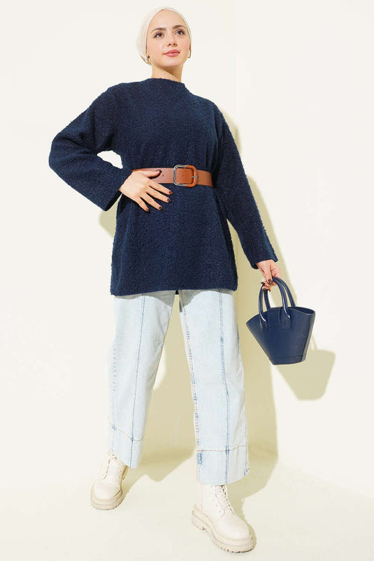 تونيك من قماش بوكليه بحزام عريض باللون الأزرق الداكن