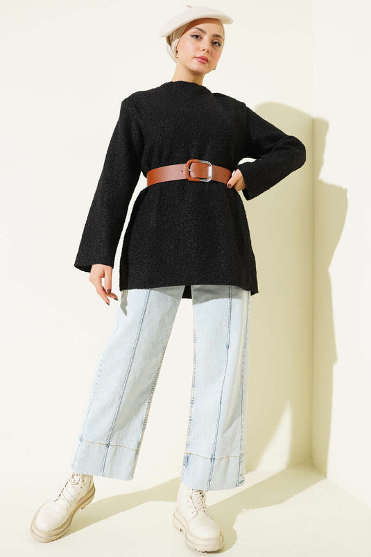 تونيك من قماش البوكل بحزام عريض أسود