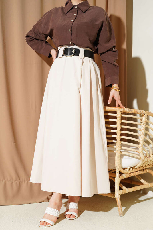 Jupe Plissée En Tencel Beige Avec Large Ceinture
