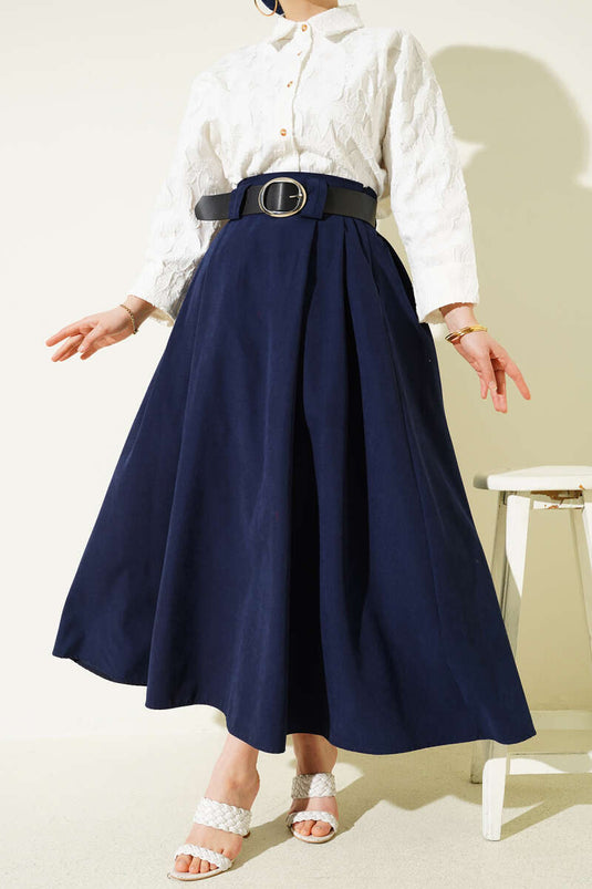 Jupe plissée en Tencel avec large ceinture bleu marine