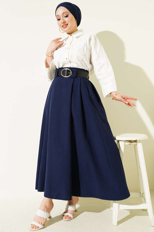 Wide Belted Pleated Tencel Skirt Navy Blue