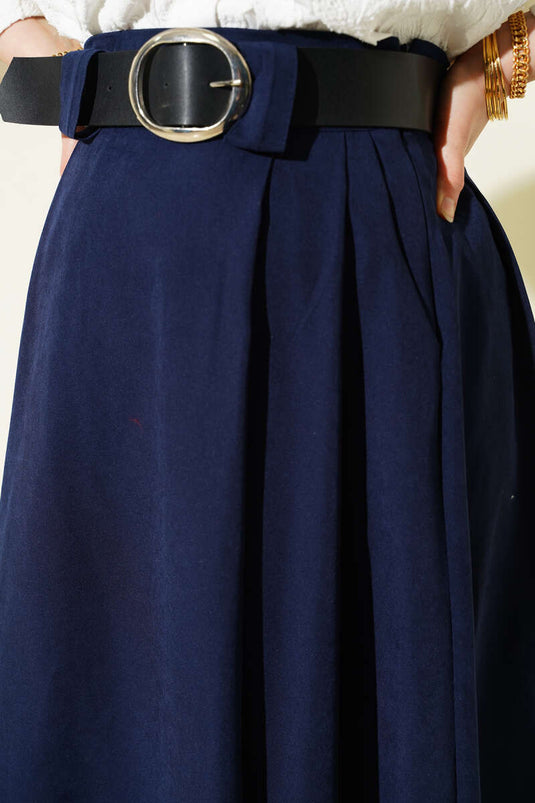 Jupe plissée en Tencel avec large ceinture bleu marine