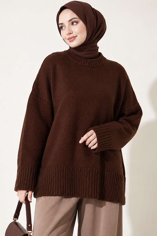Lässige Stricktunika Mit Rippenärmeln In Kaffee