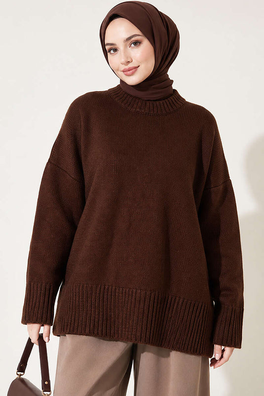 Lässige Stricktunika Mit Rippenärmeln In Kaffee