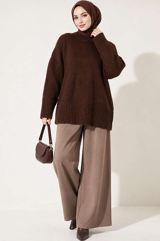 Lässige Stricktunika Mit Rippenärmeln In Kaffee