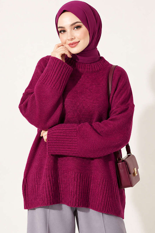 Tunica In Maglia A Maniche Larghe E Rigate Magenta