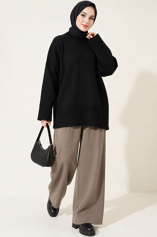 Black Wide Sleeve Ribbed Knit Tunic