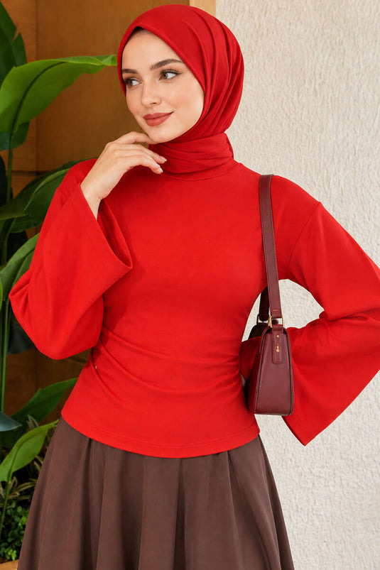 Blusa Rossa Con Maniche Larghe E Ruches