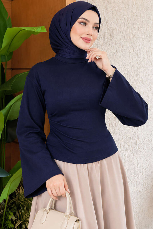 Blusa Blu Navy Con Maniche Ampie E Ruches Laterali